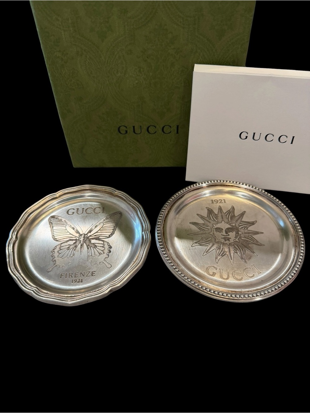 Gucci Silver-Tone Engraved Trinket Coaster Dishes with Sun & Butterfly Motifs